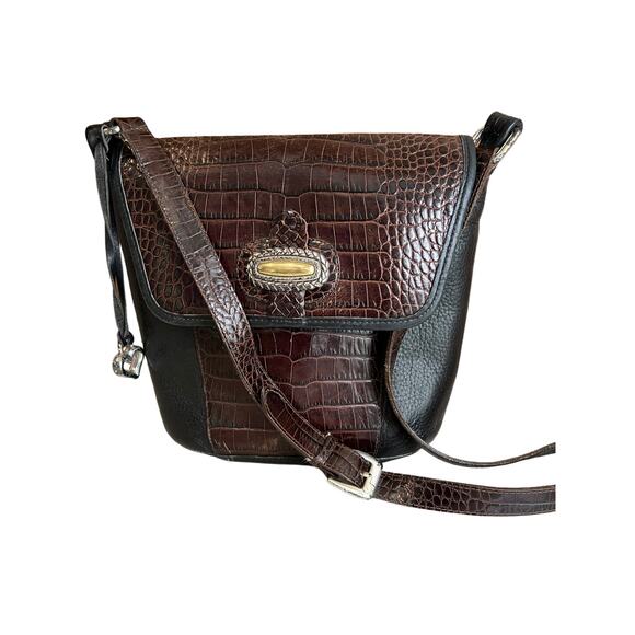 Brighton Leather Two Tone Bucket Crossbody Bag Black Brown Croc Embossed - Picture 1 of 13